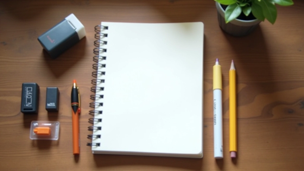 Vlakke opstelling van journalingbenodigdheden: notitieboek, verschillende pennen, potlood, gum, markeerstift op houten tafel