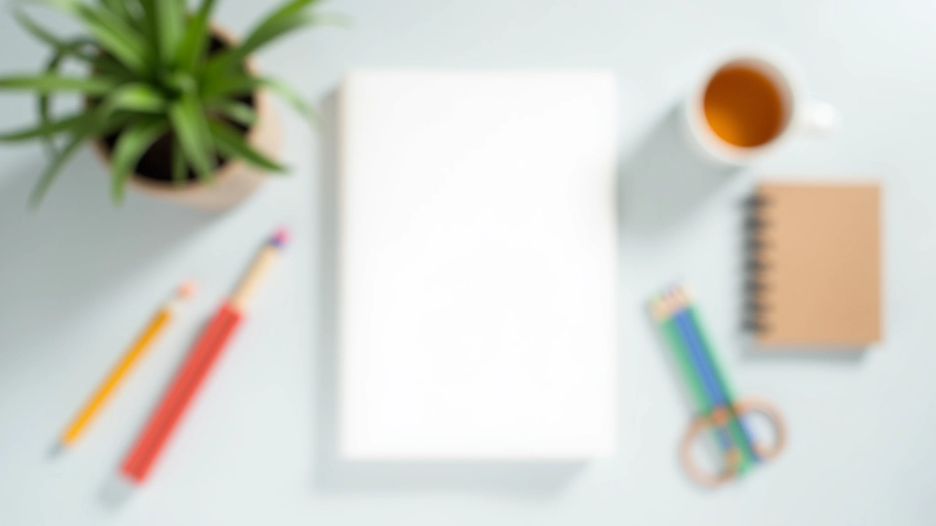 Plat lag van journaling materialen: kleurpotloden, notitieblok, planten en kopje thee op lichte achtergrond