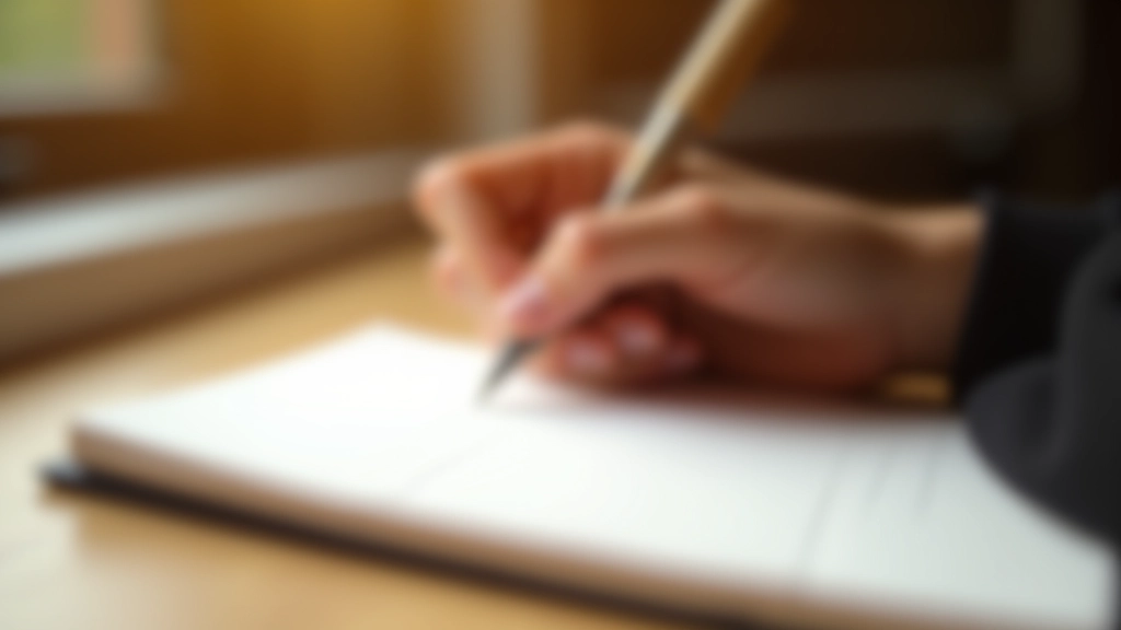 Handen houden pen en schrijven duidelijk op papier, moment van inzicht en doorbraak
