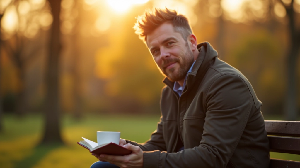 Man zit buiten op bankje bij zonsopgang met kopje koffie en journal, vredige ochtendsfeer