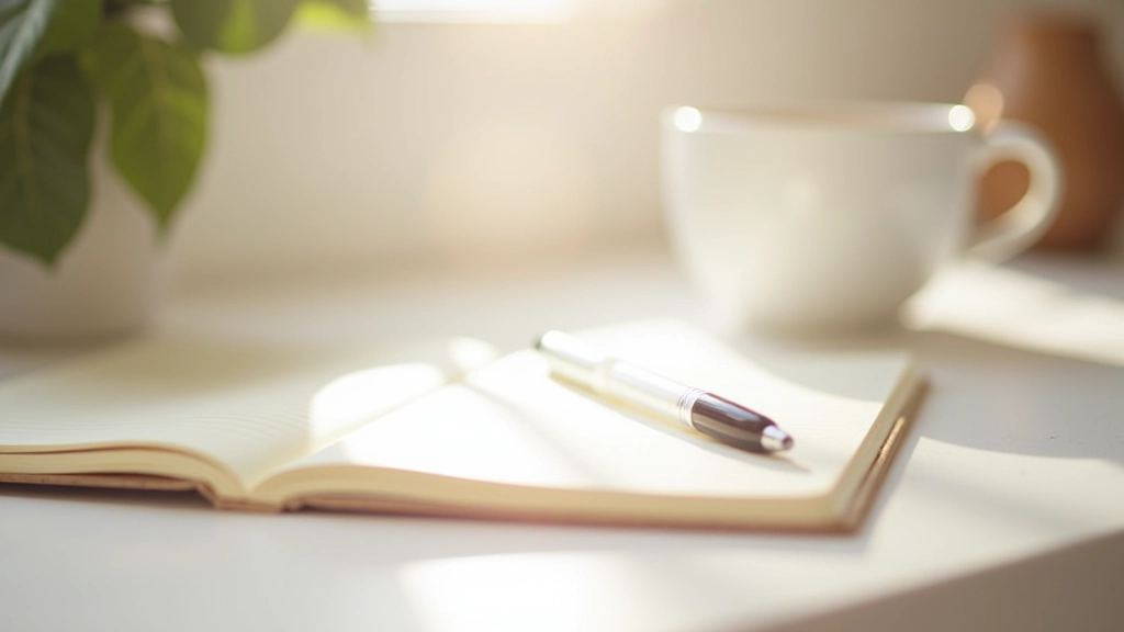 Minimalistisch bureau met notitieboek, pen en koffiekopje, stille ochtendsfeer met natuurlijk licht