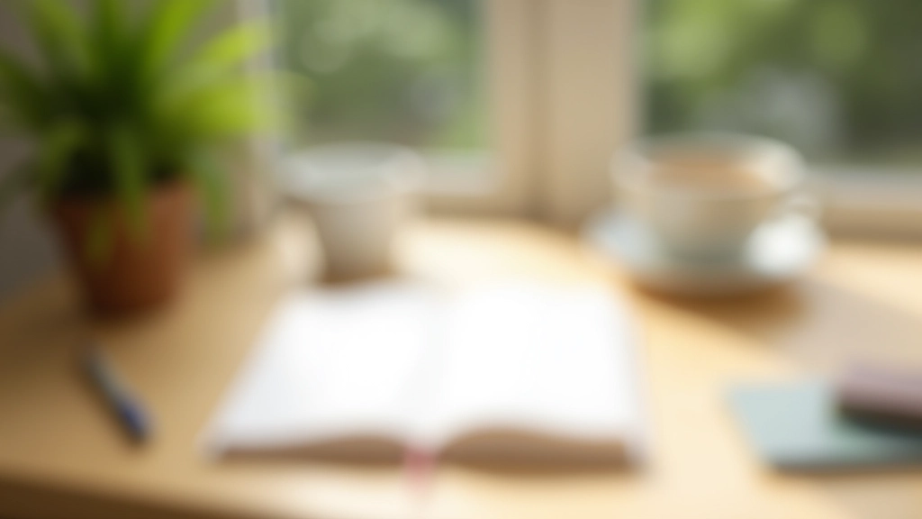 Minimalistische werkplek met journal, pen, kopje koffie en plant op houten bureau bij daglicht, rustige opstelling