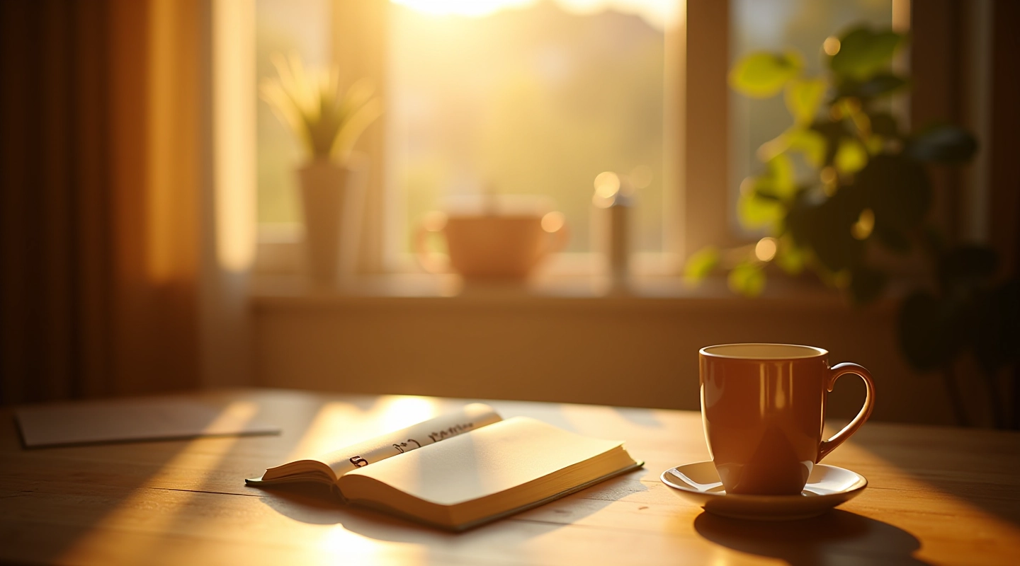 Rustige ochtendgewoonte met journaling en koffie op een houten bureau