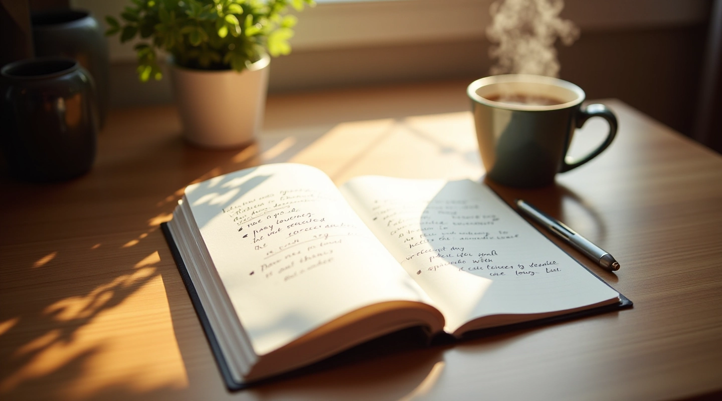 Open notitieboek met handgeschreven aantekeningen op houten bureau, koffiekop en pen ernaast, ochtendlicht