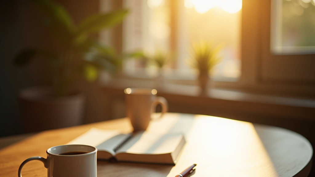 Rustig ochtendtafereel met kopje koffie op houten tafel, zonlicht door raam, notitieboek en pen in zicht