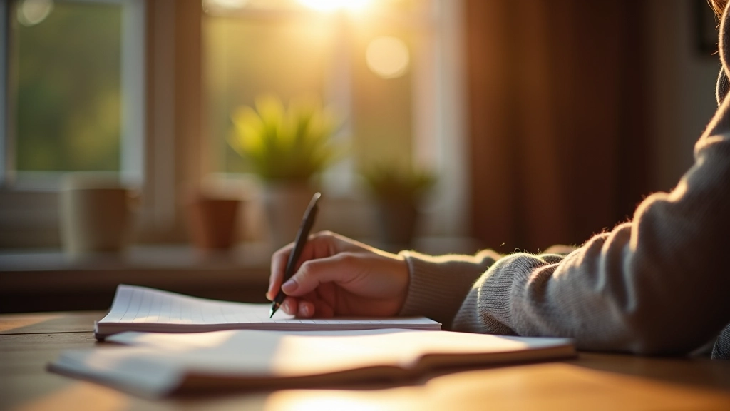 Persoon schrijft in journal aan tafel met warme ochtendlicht, focus op handen en notitieboek