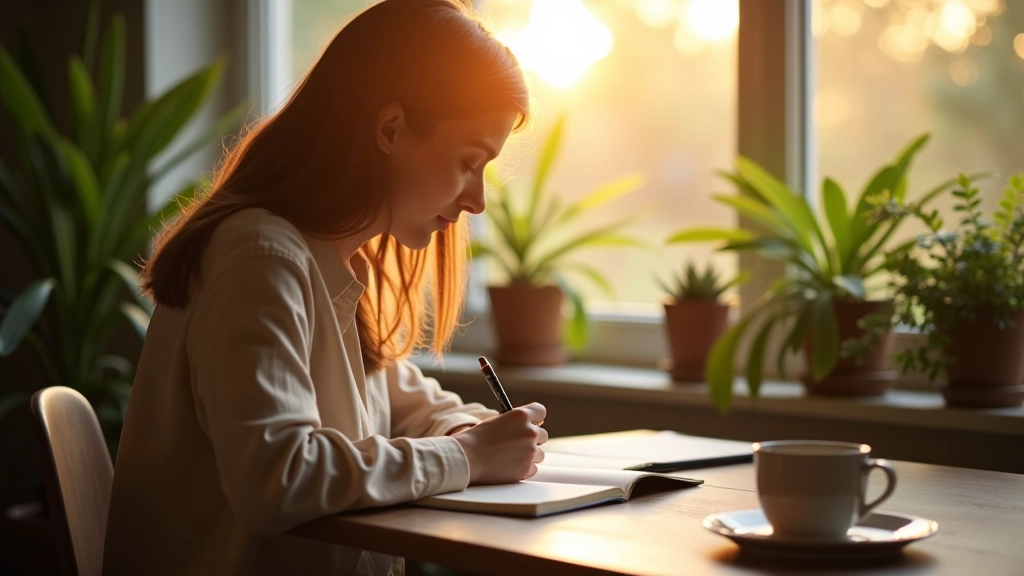 Persoon schrijft in dagboek aan bureau met zonlicht door raam, omringd door groene planten en notities