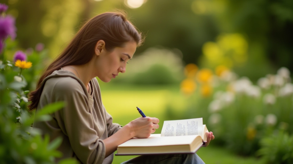 Iemand schrijft in journal in een rustige tuin met bloemen en groen, zonnig weer, vredige concentratie