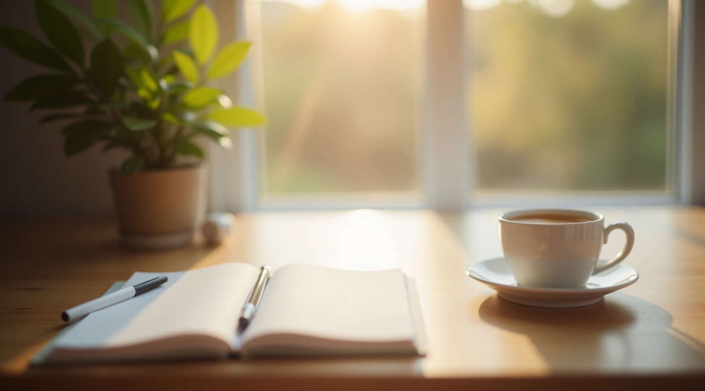 Rustige ochtendscène met dagboek, pen en kopje koffie op houten tafel met zacht ochtendlicht