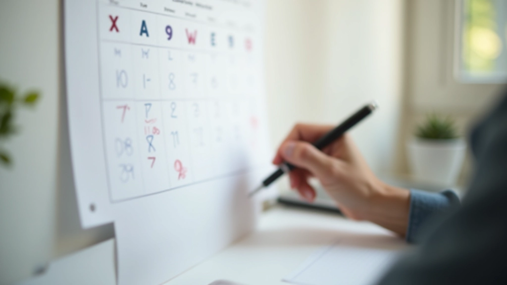 Kalender aan muur met markeringen, persoon houdt pen vast om dag in te vullen, motivationeel weetje