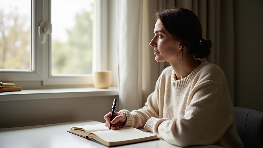 Vrouw zit aan bureau met notitieboek open, kijkt peinzend uit raam, zachte ochtendverlichting