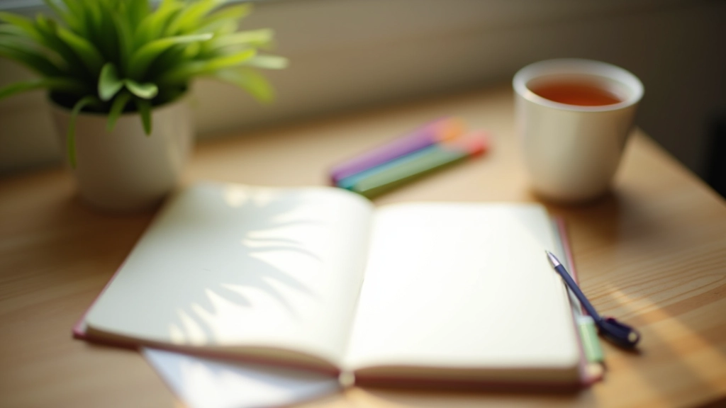 Werkplek voor schrijven: notitieboek, pen, kopje thee, potloden op schoon bureau met groene plant